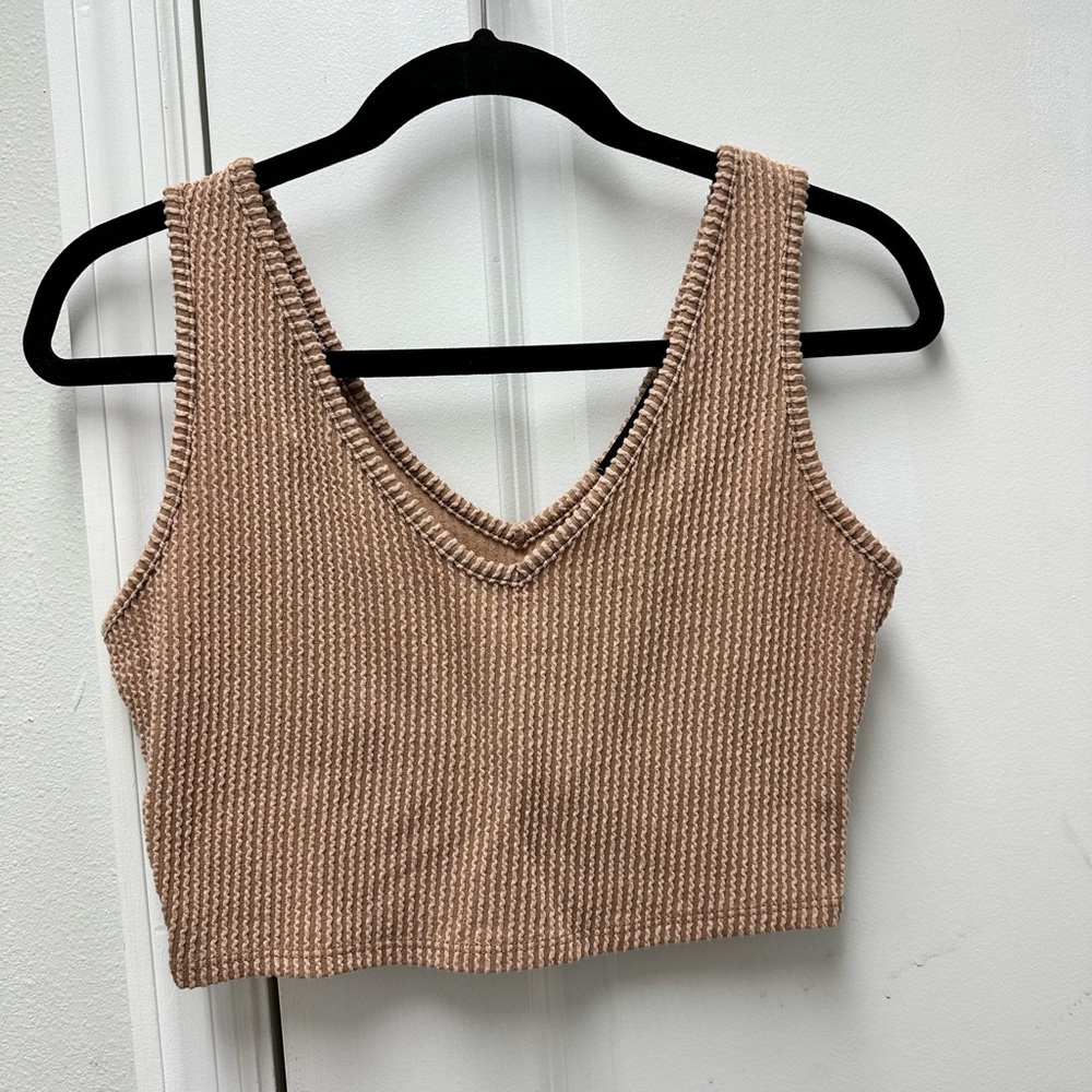 All Saints Ribbed Knit Crop Tank Top Taupe Brown V Neck Size M Minimalist Cozy